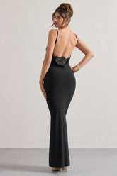 Black Cowl Neck Backless Maxi Dress With Lace Insert